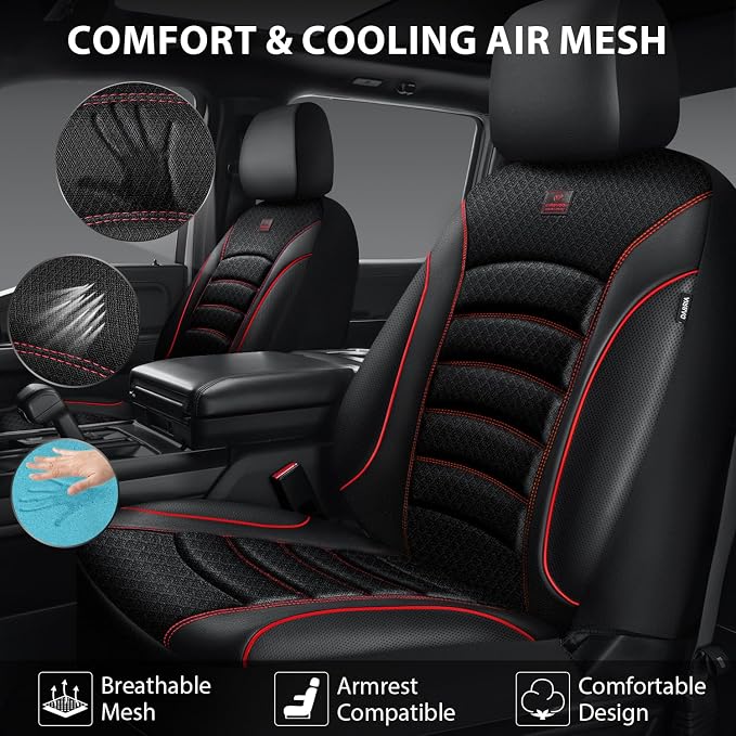 CAR PASS Comfortable 3D Foam Mesh Leather Car Seat Covers Full Sets, Air Cool Mesh Breathable Seat Covers for Car, Universal 5 Seats Fit for SUV Truck Sedan Automotive, Airbag Compatible,Black Red