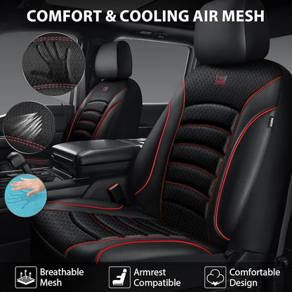 CAR PASS Comfortable 3D Foam Mesh Leather Car Seat Covers Full Sets, Air Cool Mesh Breathable Seat Covers for Car, Universal 5 Seats Fit for SUV Truck Sedan Automotive, Airbag Compatible,Black Red