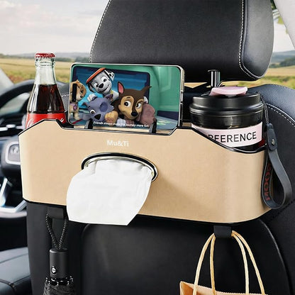 Mu&Ti Back Seat Car Organizer,4+2 in 1 Multifunctional Car Back Seat Storage Box with 2 Cup Holders, Tissue Box and Hook - Ideal for Kids and Travel(Beige)