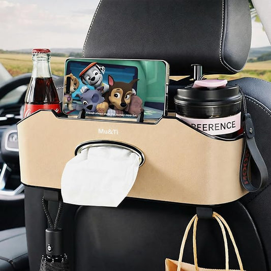 Mu&Ti Back Seat Car Organizer,4+2 in 1 Multifunctional Car Back Seat Storage Box with 2 Cup Holders, Tissue Box and Hook - Ideal for Kids and Travel(Beige)