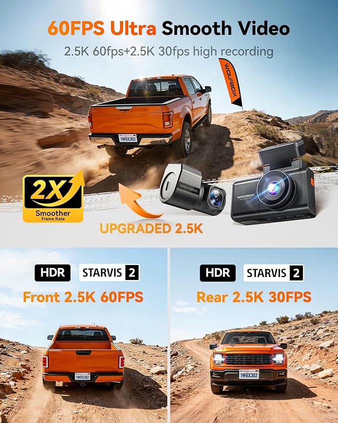 WOLFBOX X3 PRO Dash Cam Front and Rear, Dual STARVIS 2 IMX675, 1440P 60FPS+1440P ADAS Car Camera, EIS Image Stabilization with Ultra-Fast 5.8GHz WiFi, Voice Control & 3" Touch Screen, 64GB Card & GPS