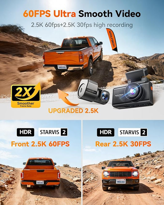 WOLFBOX X3 PRO Dash Cam Front and Rear, Dual STARVIS 2 IMX675, 1440P 60FPS+1440P ADAS Car Camera, EIS Image Stabilization with Ultra-Fast 5.8GHz WiFi, Voice Control & 3" Touch Screen, 64GB Card & GPS