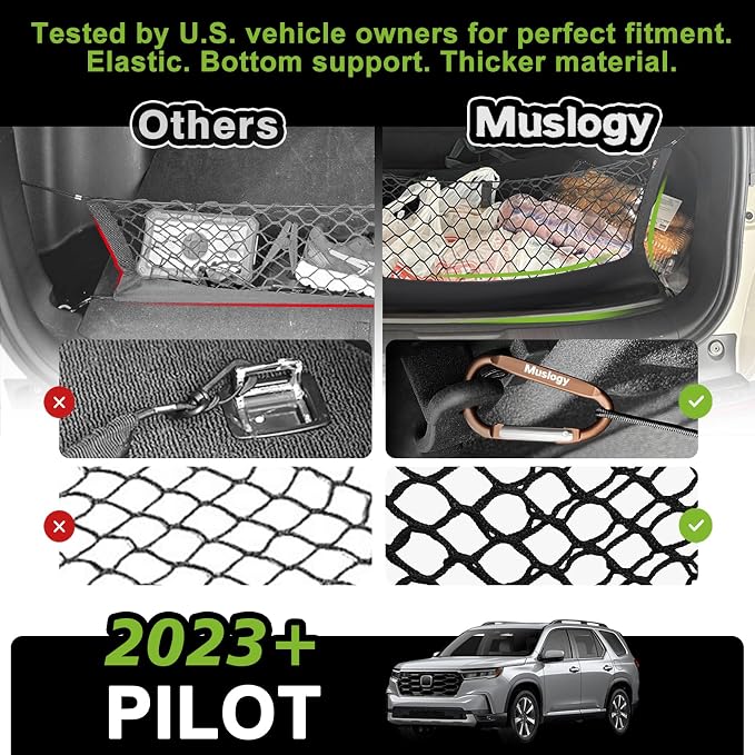 Muslogy Truck Bed Cargo Net Trunk Netting Compatible with Honda Pilot 2023-2026 | 2026+ Passport Accessories, Pickup Cargo Organizer SUV Sedan Storage Net w/Heavy Duty Carabiners