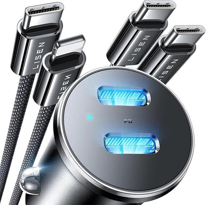 LISEN 90W Car Charger USB C Fast Charge, USB C Car Charger Fast Charge, Type C Car Charger for iPhone 17 Pro Max 16 15 14 13 12 11, for Samsung S26 S25 S24 [with Lighning & USB-C Cable]