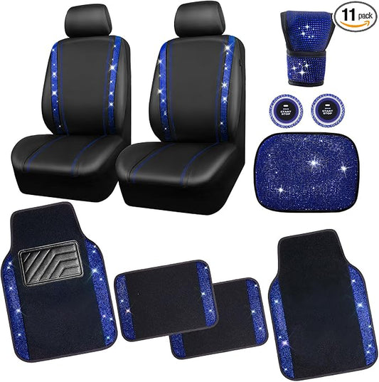 CAR PASS Bling Diamond Car Seat Covers Blue Rhinestone Black Leather Shining Car Floor Mats Carpet with Anti-Slip Nibs Shining Car Accessories Sets Glitter Sparkly Crystal Universal Fit for Girl Women