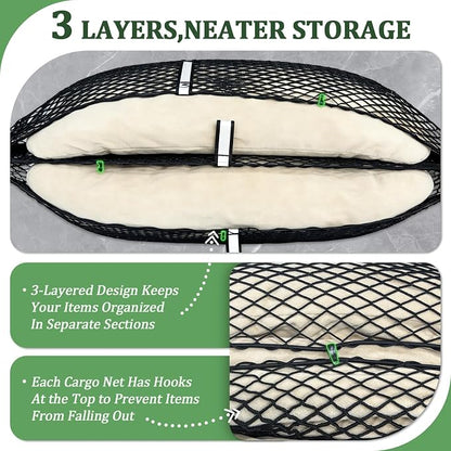 3-Layer Cargo Net for GMC Acadia, Buick Enclave, Chevrolet Traverse 2024-2026, Zipper Bag Trunk Net for SUV, Heavy Duty Oxford Cargo Organizer Storage Nets with Carabiners