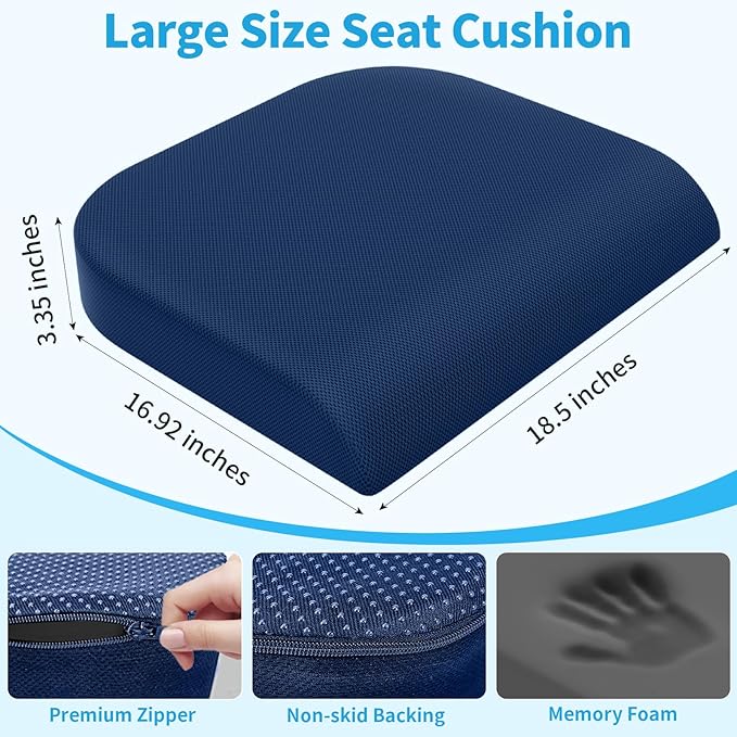 TranquilRelax XLarge Seat Cushion, Memory Foam Cushion for Long Sitting Hours on Office Chair, Home & Car, Non-Slip Chair Pad for Relieving Back & Sciatica & Hip & Coccyx Pain (Blue)