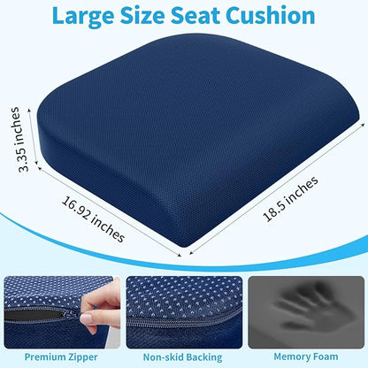 TranquilRelax XLarge Seat Cushion, Memory Foam Cushion for Long Sitting Hours on Office Chair, Home & Car, Non-Slip Chair Pad for Relieving Back & Sciatica & Hip & Coccyx Pain (Blue)