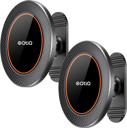 OQTIQ Magnetic Car Phone Mount Holder, Dashboard Mount with 3M Adhesive, Black Carbon Fiber, Aluminum, MagSafe Compatible for iPhone 17/16/15/14/13/12, 360-Degree Adjustable, 2 Pack (Orange-2 Pack)