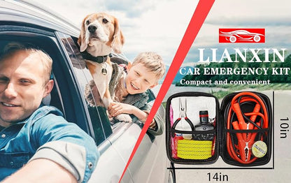 Emergency Roadside Kit for Car With Jumper Cables, Gift for New Drivers | Car Emergency Kit Easy to Carry with Headlamp Tow Rope, Gloves, Pliers, for Breakdowns, Travel for Women and Man Teen Boys