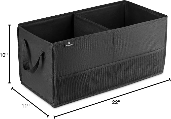 Handy Laundry Car Trunk Organizer – Large 2 Compartment Storage Bin with Non-Slip Fastener, Mesh Side Pockets & Heavy-Duty Handles, 22 x 10 x 11 in, Black – Prevents Shifting & Rolling