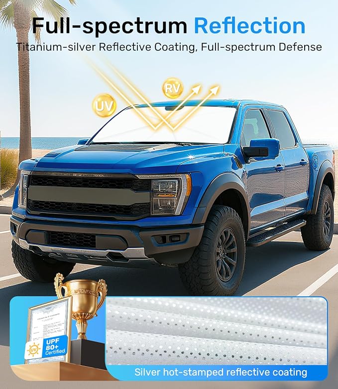 Zanch Upgrade Windshield Sun Shade, Custom Fit for Ford F150 2015-2025 [Titanium-Silver Reflective Coating] Blocks 99% UV & Heat, Sunshade Umbrella for F150 2015 ... 2022 2023 2024 2025