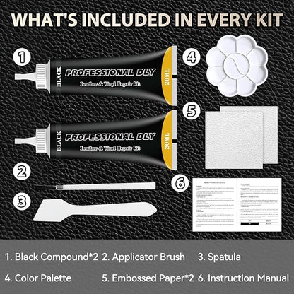 Black Leather Repair Kit for Furniture, Leather Couch Repair Kit for Car Interiors, Seats, Steering Wheel, Sofa, Shoes, Restore Leather Scratch, Tears & Burn Hole with Easy Instructions