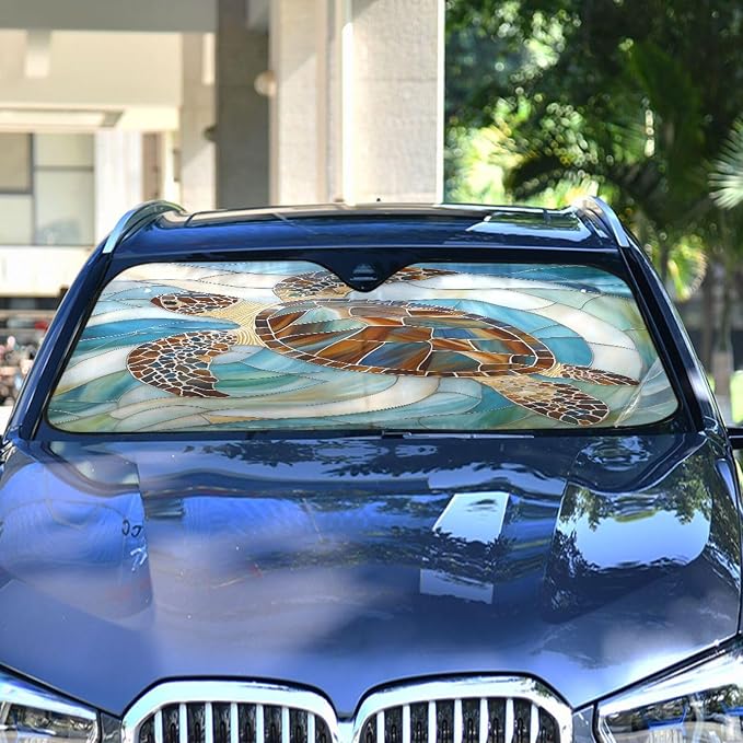Sea Turtle Glass Ocean Windshield Sunshade Car Sun Shade Front Window Shade for Truck SUV Blocks UV Rays Sun Reflector Visor Protector Accordion Folding