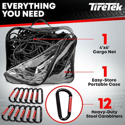 Cargo Net for Pickup Truck Bed (4'x6' Stretches to 8'x12') Double Thick Heavy Duty Truck Bed Net for Dad, & Husband - 12 Metal Carabiners, Bungee Mesh Accessory with Strap Hooks