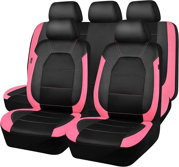 CAR PASS Leather Seat Covers, Breathable Universal Car Seat Cover Full Set for Cute Women Girly,Super 5mm Composite Sponge Inside,Airbag Compatible fits Most Auto,SUVs,Trucks,Vans(Black&Pink)