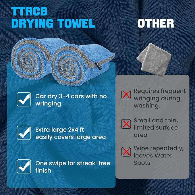 TTRCB 2 Pack Car Drying Towels (48" x 24"), Extra Large Microfiber Towels for Cars, 1400 GSM Ultra-Absorbent, Streak Free, Double Twisted-Loop Drying Towels Car Detailing for SUV, RV, Trucks