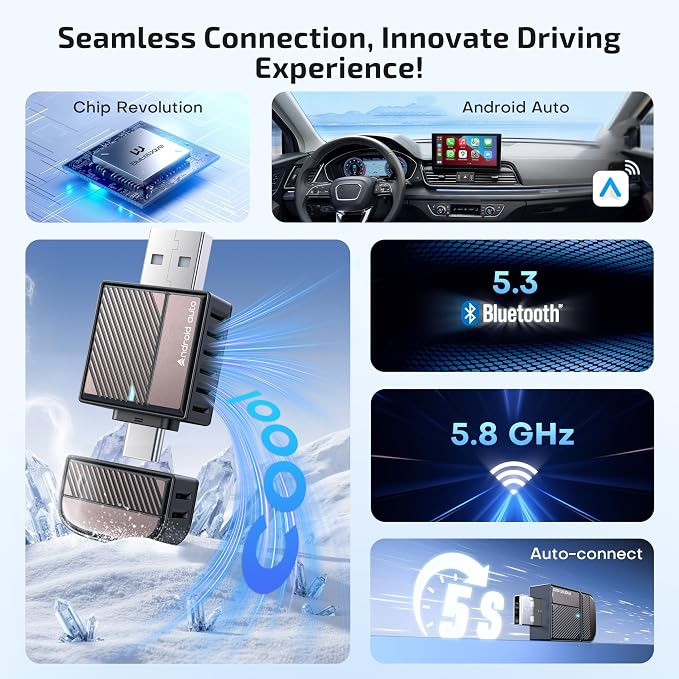 ByteWave Android Auto Wireless Adapter, 8s Fast Mini Wireless Android Auto Adapter with NFC Instant Connect, 5.8GHz WiFi Bluetooth 5.3 Stable Plug & Play USB-A/Type-C Car Dongle for Android 12+