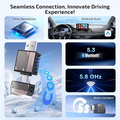 ByteWave Android Auto Wireless Adapter, 8s Fast Mini Wireless Android Auto Adapter with NFC Instant Connect, 5.8GHz WiFi Bluetooth 5.3 Stable Plug & Play USB-A/Type-C Car Dongle for Android 12+