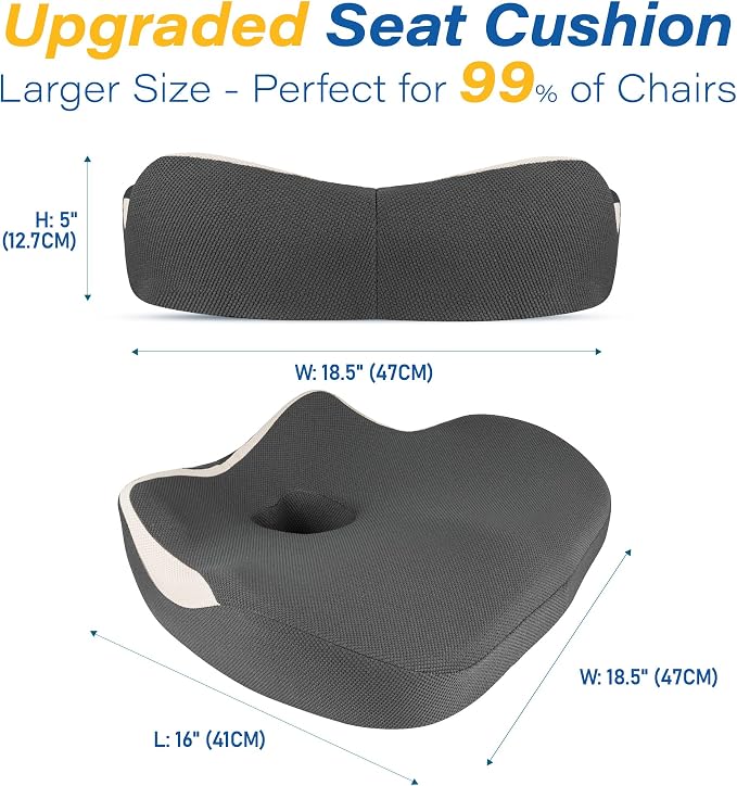 Car Seat Cushion: Ergonomic Memory Foam Car Cushion for Sciatica Pain Relief, Larger Driving Seat Pillow for Short Drivers on Long Drives - Butt Pillow for Truck, Office, Wheelchair - Gray