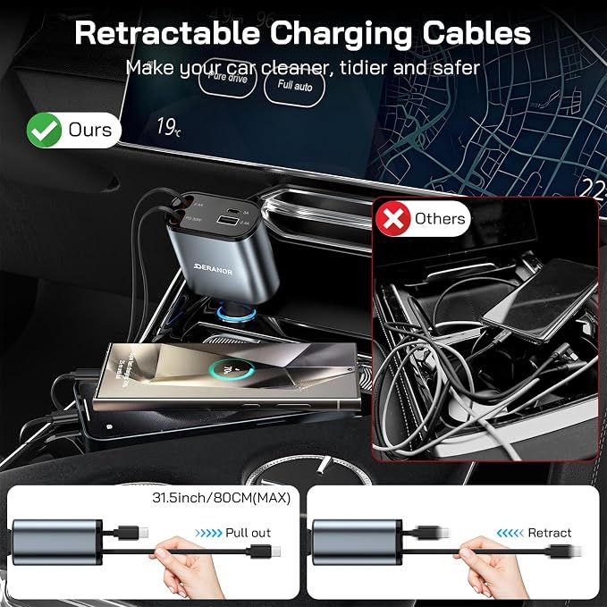 [2 Pack] Retractable Car Charger 4 in 1 Fast Car Phone Charger 69W, USB C Car Truck Accessories Adapter with 2X Retractable Phone Charger Cords and USB Port for i Phone 17/16/15/14,for Samsung S25/S24