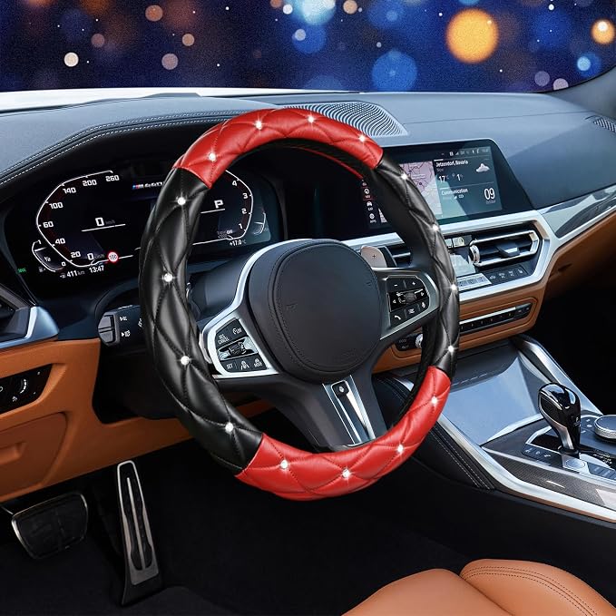 SuperKaKa Black and Red Steering Wheel Cover, Auto Diamond Style Cute Bling Comfort Car Interior Accessories Protector Sparkly Fit Most O-Shaped Steering Wheels
