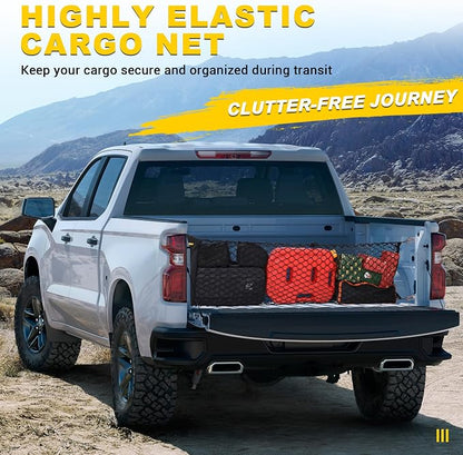 BUMBEE Envelope Style Trunk Cargo Net Compatible with Chevy Silverado 2013-2024 Accessories, Heavy Duty Carabiners Highly Elastic Truck Bed Mesh Cargo Net(16.9" X 52.56" to 66.93")