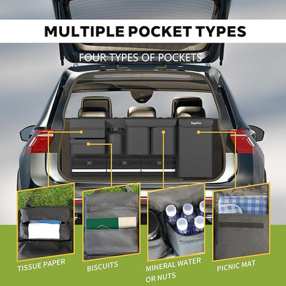 SugarFox Backseat Hanging Trunk Organizer for SUVs, Cars, Trucks & MPVs | Multi-Pocket Storage with Anti-Slip Straps | Space-Saving Auto Accessory | Gift for Drivers | Black, 37.8" x 18.1" - K230