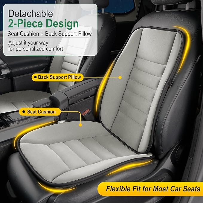 kingphenix 5-Piece Memory Foam Car Seat Cushion Set with Full Back Support Pillow, Comfort for Long Drives & Road Trips, Universal Automotive Comfort for Most Car, Van, Truck, SUV, Gray