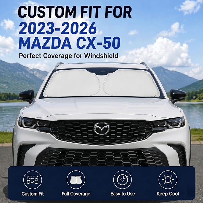 Custom Fit Windshield Sun Shade for Mazda CX50 CX-50 2023-2026 | Custom Fit Windshield Cover, Blocks UV Rays, Double-Layer Heat Shield, Durable Frame, Easy Fold & Storage
