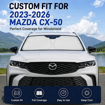 Custom Fit Windshield Sun Shade for Mazda CX50 CX-50 2023-2026 | Custom Fit Windshield Cover, Blocks UV Rays, Double-Layer Heat Shield, Durable Frame, Easy Fold & Storage