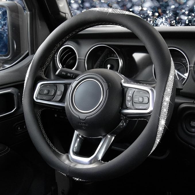 KAFEEK White Crystal Steering Wheel Cover, Sparkly Clear Diamond Breathable Leather Car Protector, Universal 15 Inch Fit for Women Girls, Anti-Slip Comfortable, Silver White