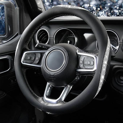 KAFEEK White Crystal Steering Wheel Cover, Sparkly Clear Diamond Breathable Leather Car Protector, Universal 15 Inch Fit for Women Girls, Anti-Slip Comfortable, Silver White