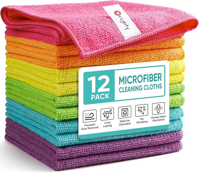 Orighty Microfiber Cleaning Cloth Pack of 12, Microfiber Towels for Cars, Highly Absorbent Car Cleaning Supplies, Lint Free Cloths Clean Rags for Car Care, House, Kitchen, 12x11 inch