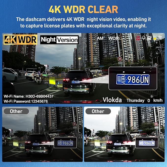 Dash Cam Front and Rear, 4K + 1080P Dual Camera for Cars 64GB | Built-in GPS, 5.8GHz WiFi, 3.2" IPS Screen, 24H Parking Mode
