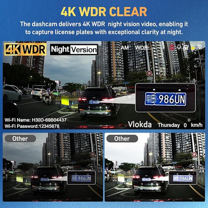Dash Cam Front and Rear, 4K + 1080P Dual Camera for Cars 64GB | Built-in GPS, 5.8GHz WiFi, 3.2" IPS Screen, 24H Parking Mode