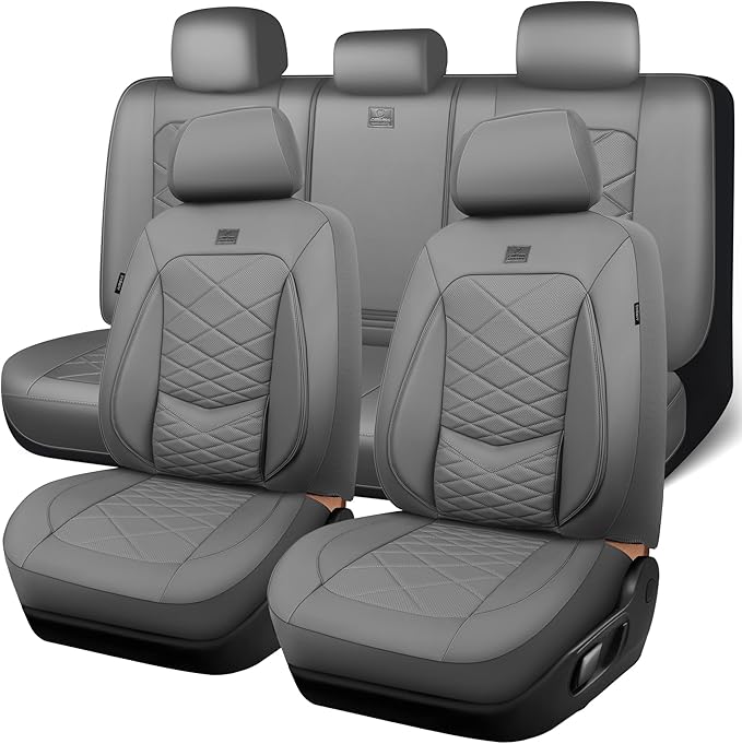 CAR PASS Luxury Nappa Leather Seat Covers Full Set, Water Resistant Faux Leather Seat Cover with Lumbar Support, Breathable Automotive Seat Covers Universal Fit for Sedan SUV Van Truck, Pure Gray