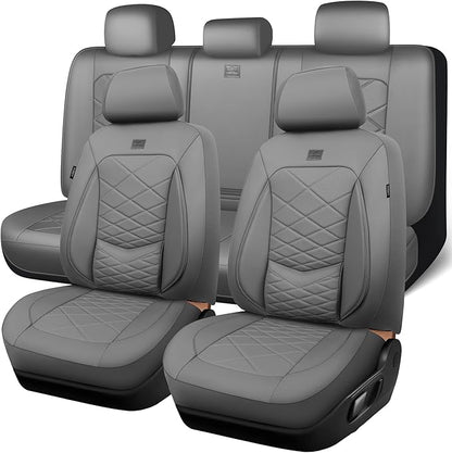 CAR PASS Luxury Nappa Leather Seat Covers Full Set, Water Resistant Faux Leather Seat Cover with Lumbar Support, Breathable Automotive Seat Covers Universal Fit for Sedan SUV Van Truck, Pure Gray
