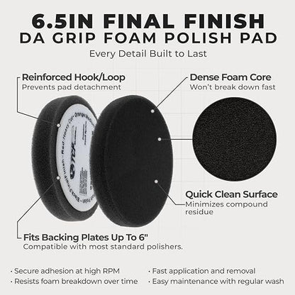 TCP Global 6.5" Black Final Finishing DA Grip Soft Foam Polish Pad - Hook & Loop Buffer Pads - Car Buffing Pads for Paint Correction, Detailing