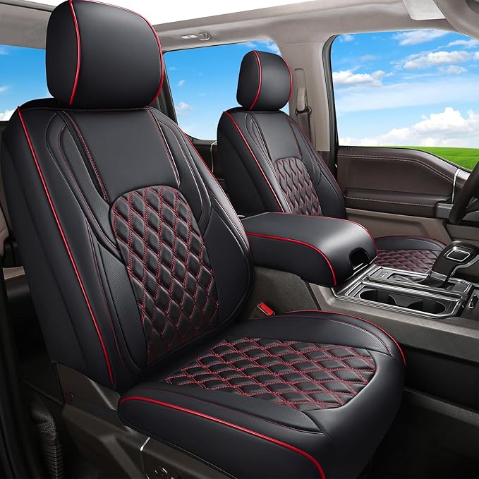 Huidasource Custom Fit Ford F150 Seat Covers Waterproof Fit for 2015-2025 F150 SuperCrew & 2017-2025 F250 F350 F450 Super Duty Crew Cab Pickup XL XLT Lariat King Ranch Platinum(Front Pair/Black&Red)