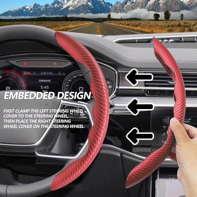 2pcs Universal Fit Carbon Fiber Steering Wheel Cover, Anti-Skid Steering Wheel Cover/Segmented Steering Wheel Protector/Car Interior Accessories (red)