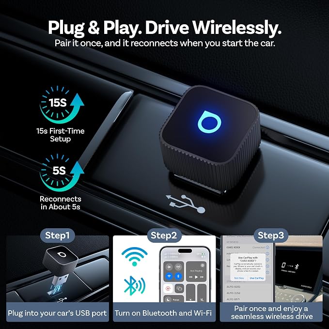 OTTOCAST Mini Slim Wireless CarPlay Adapter & Android Auto Adapter, Mini Cube 2-in-1 Adapter for Cars with Factory Wired CarPlay/Android Auto, 5GHz WiFi, Bluetooth 5.0, 5s Auto Reconnect