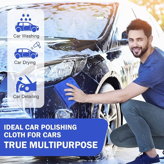 Tallew 12 Pcs Microfiber Towels for Cars, 800 GSM Plush Drying Cleaning Cloth Bulk, 16 x 16 Inch Thick Absorbent Wash Detailing Towels for Car Polishing, House, Kitchen Cleaning(Gray and Blue)