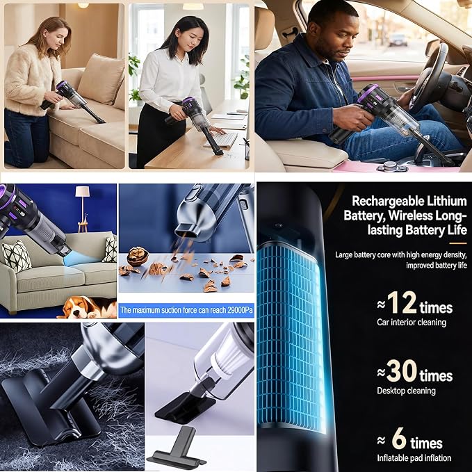 Airpollo® Car Vacuum Portable Cordless Handheld Cleaner Aspiradora para Carro, 4 in 1 with LED Screen V2 Portable 29000 Pa Suction Air Blower, Rechargeable High Power for Home, Long Lasting Battery
