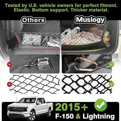 Muslogy Truck Bed Cargo Net Trunk Netting Compatible with Ford F-150 & Lightning 2015-2026 Accessories, Pickup Cargo Organizer SUV Sedan Storage Net w/Heavy Duty Carabiners