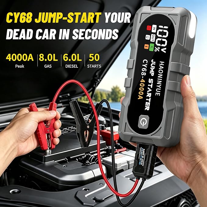 4000A Car Battery Jumper Starter, Battery Jumper Starter Portable (8.0LGas/6L Diesel), 16000mAh Charging Jump Box, Portable Car Jump Starter with Jumper Cables and 600LM LED Light