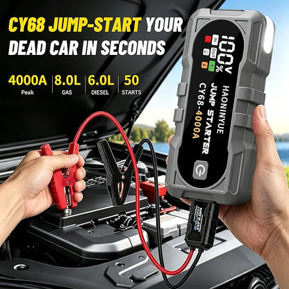 4000A Car Battery Jumper Starter, Battery Jumper Starter Portable (8.0LGas/6L Diesel), 16000mAh Charging Jump Box, Portable Car Jump Starter with Jumper Cables and 600LM LED Light