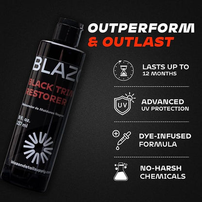 BLAZON Black Trim Restorer – Dye-Infused Plastic Restorer for Faded Exterior Trim, Deep Black Finish, Scratch Correction, Long-Lasting Durability & UV Protection - 4 oz Kit