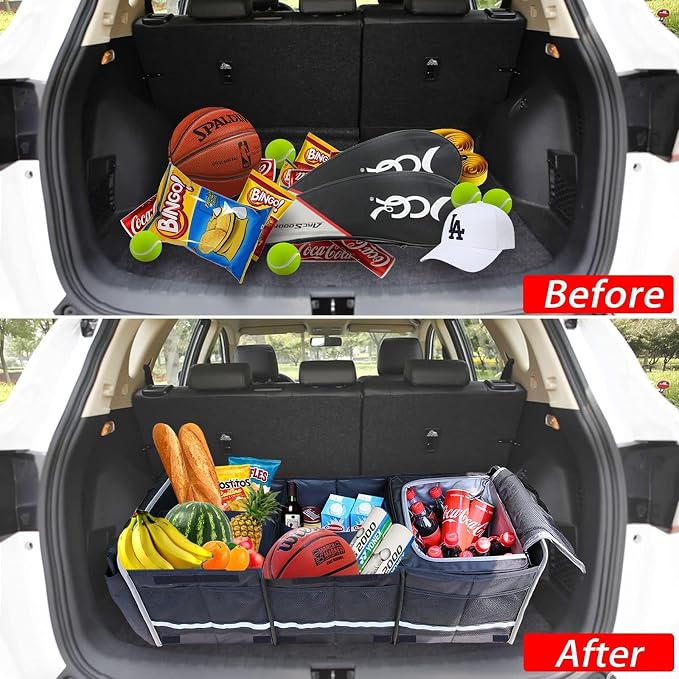 Homeve Car Trunk Organizer for SUV, 25Gal Large Capacity No-Sag Heavy Duty, Foldable Waterproof Anti-Slip Storage with 12 Pockets, Fit Sedan,Truck,Universal Car Accessories, Black, 3 Compart, Large