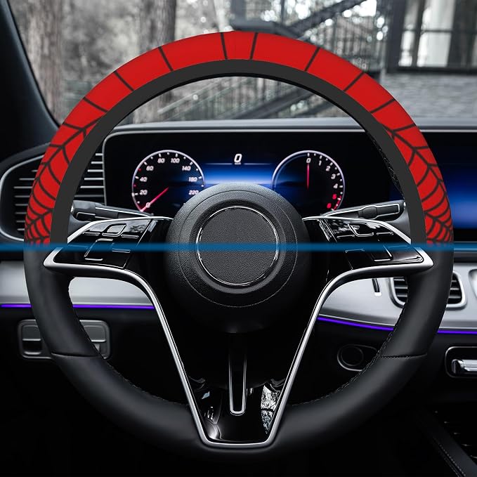 Car Steering Wheel Cover, 14.5"-15" Inch Universal Anti-Slip DurableSteering Wheel Protective Cover, Breathable Auto Interior Decoration Accessories for Sedan SUV Truck (Red Spider Web)